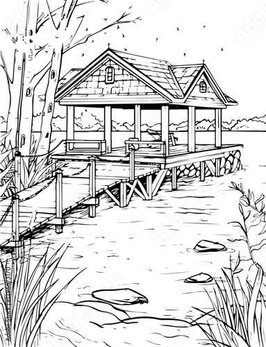 drawing, sketch, house, vector, architecture, illustration, landscape, building, city, home, tree, old, vintage, art, church, street, town, draw, design, cartoon, exterior, outline, line, bridge, pict
