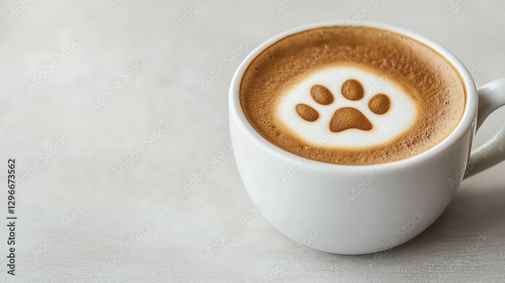 Latte with a kitten paw print foam art, stylish indoor cafe, warm natural lighting Latte with a kitten paw print foam art, stylish indoor cafe, warm natural lighting