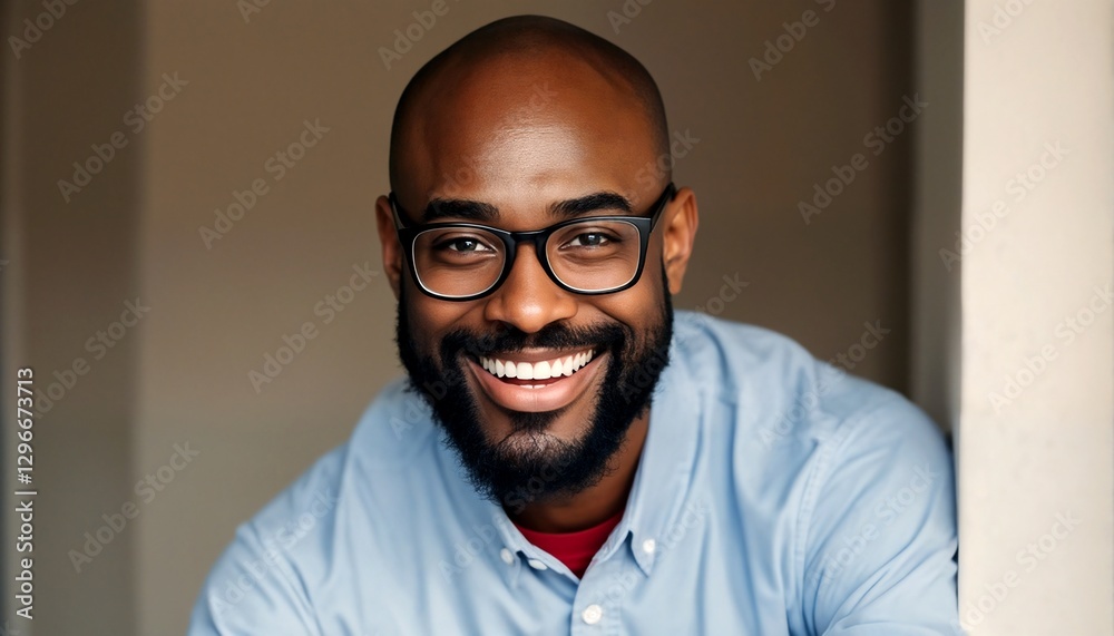 Fototapeta premium A portrait of a black man with glasses and a blue shirt.