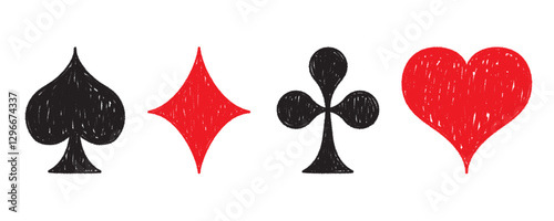 Hand drawn poker card suits. Hearts, clubs, spades and diamonds. Ink or charcoal poker symbols icons. Vector graphic elements.
