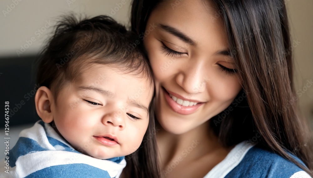A young Asian woman is posing with her baby on her shoulder.