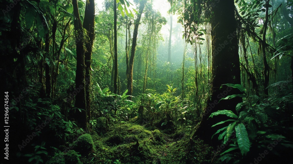 Lush green rainforest with dense vegetation and sunlit canopy Lush green rainforest with dense vegetation and sunlit canopy