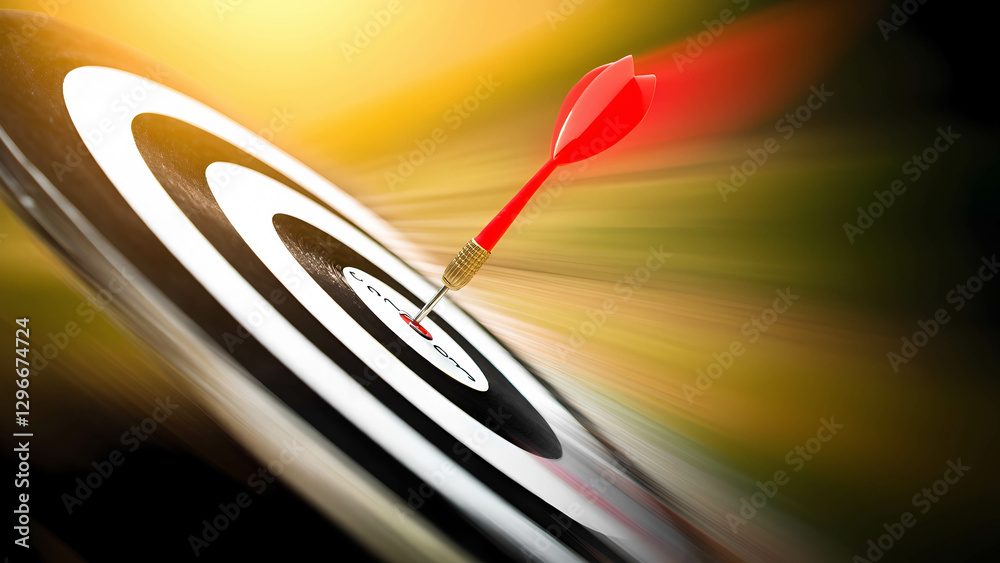 Obraz premium A dart hitting the bullseye on a professional dartboard, with motion blur