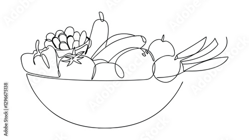 A singleline drawing depicts a bowl overflowing with various fruits and vegetables. Tomatoes, peppers, bananas, and carrots are clearly visible, suggesting a healthy and abundant harvest.