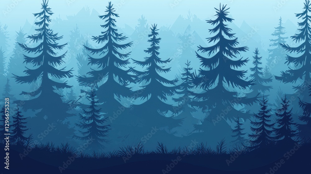 Fototapeta premium Serene and Mysterious Forest Landscape with Pine Trees in Cool Tones Creating a Dreamy Atmosphere for Backgrounds or Nature Themes