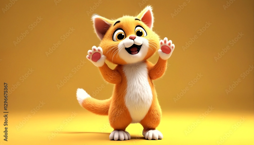 Fototapeta premium A cartoon orange and white kitten waves its paw at the camera.