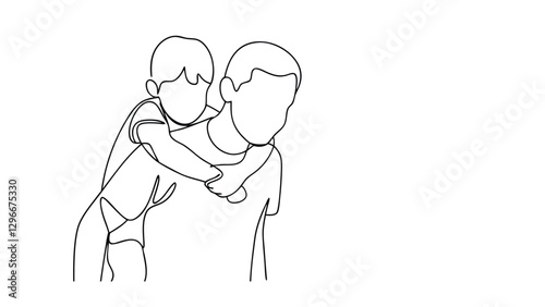 A minimalist line drawing depicts a heartwarming scene of a father and son embracing. The child playfully hugs his father from behind, showcasing a strong bond of love and affection.