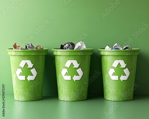 Recycling bins, waste sorting, green background, environmental protection, illustration photo