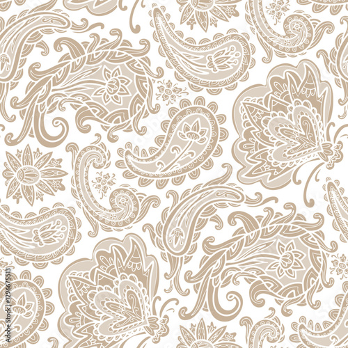 Beige swirl ornaments, hand drawn paisley floral pattern, white background. Seamless floral pattern-652.