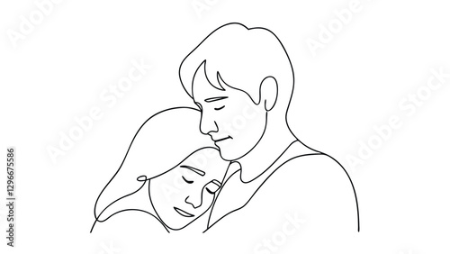 A minimalist line drawing depicts a man embracing a woman from behind. Both have their eyes closed, suggesting comfort and solace. The singleline style creates a tender and intimate mood.
