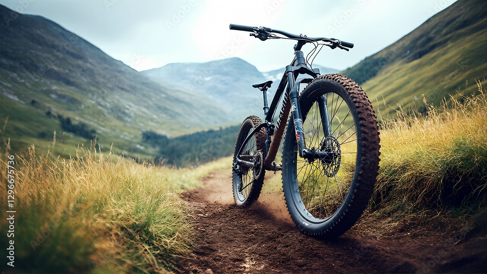A mountain bike tire with deep treads covered in mud, showing rugged adventure A mountain bike tire with deep treads covered in mud, showing rugged adventure