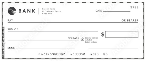 Bank check, vector blank money cheque, checkbook template with guilloche pattern and fields. Currency payment coupon, money check background