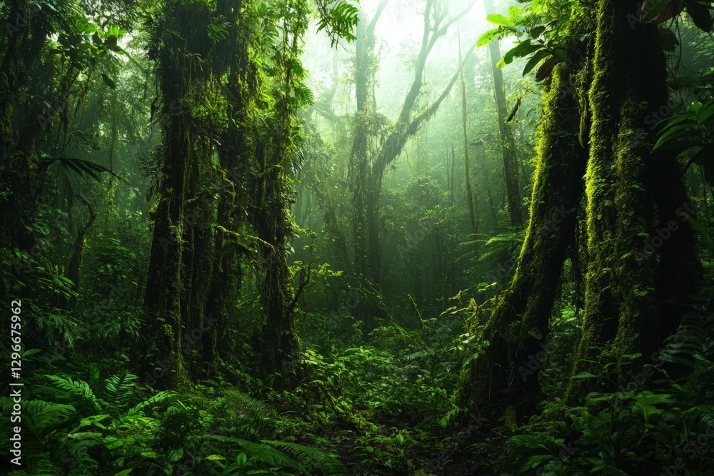 Fototapeta premium Lush greenery and towering trees in dense rainforest landscape