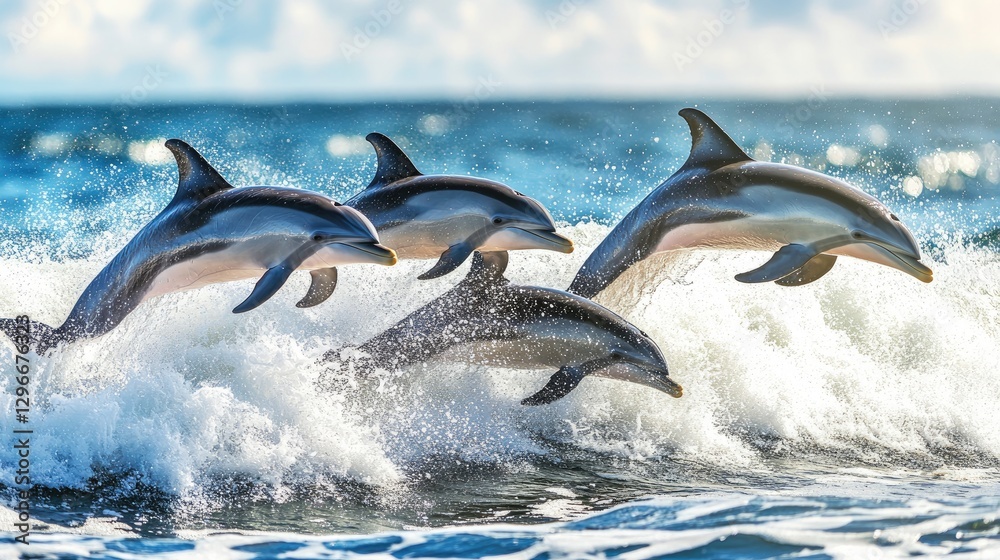 Fototapeta premium A dynamic moment of dolphins cutting through a foamy white surf