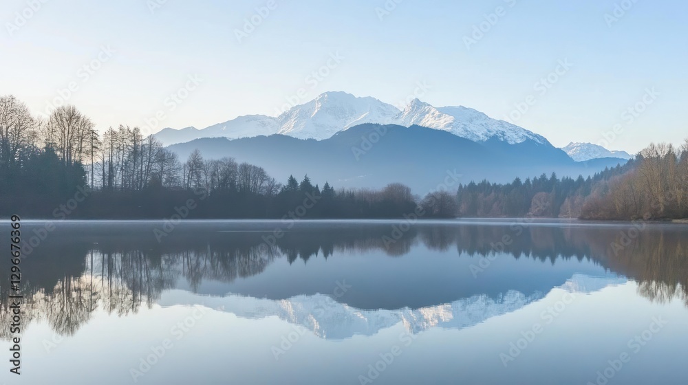 Fototapeta premium Lake Reflecting Snow-capped Mountains and Forest on a Calm Morning