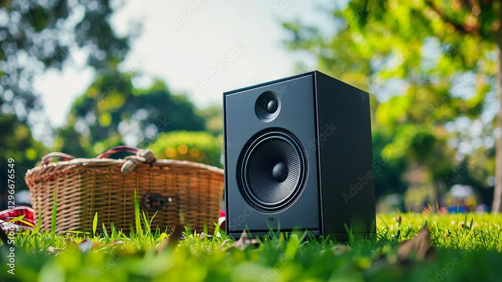 Outdoor gathering with portable speaker and picnic basket on grass in bright sunlight