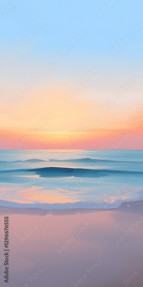 Obraz premium A tranquil sunset over calm ocean waves, showcasing pastel colors that create a soothing atmosphere ideal for a relaxing mobile wallpaper. 