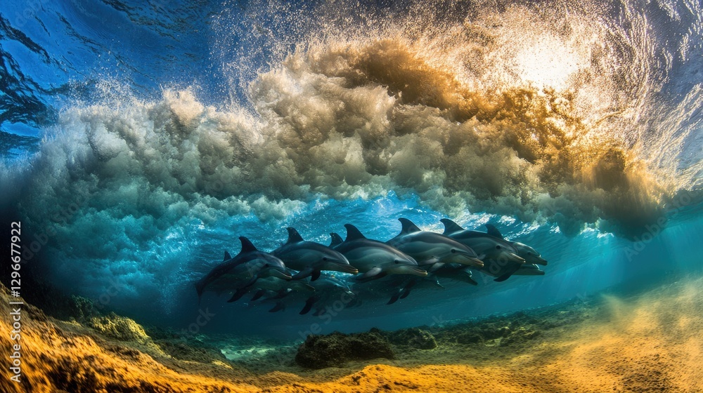 Naklejka premium A group of synchronized dolphins diving through a sunlit wave