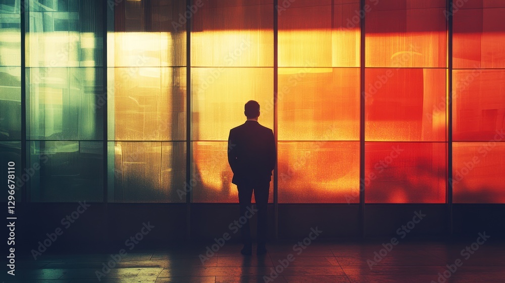 Fototapeta premium Man Standing Before Colorful Window Wall Contemplating Future Opportunities