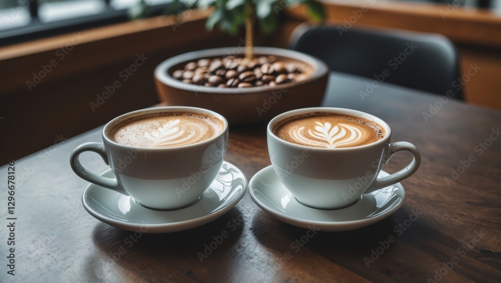 Fototapeta premium Two cups of latte art sit on a wooden table, surrounded by coffee beans in a cozy café environment with natural light