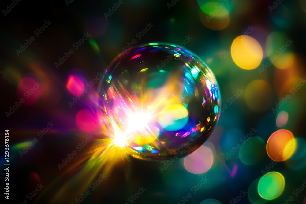 Rainbow Soap Bubble with Bright Lights and Bokeh Rainbow Soap Bubble with Bright Lights and Bokeh