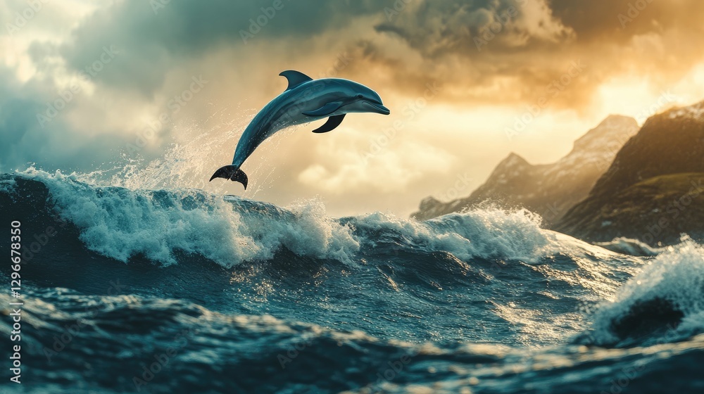Fototapeta premium A lone dolphin jumping high above a rolling ocean wave