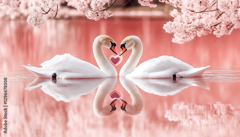 Naklejka premium Swans in Love, Cherry Blossoms, Pink Water