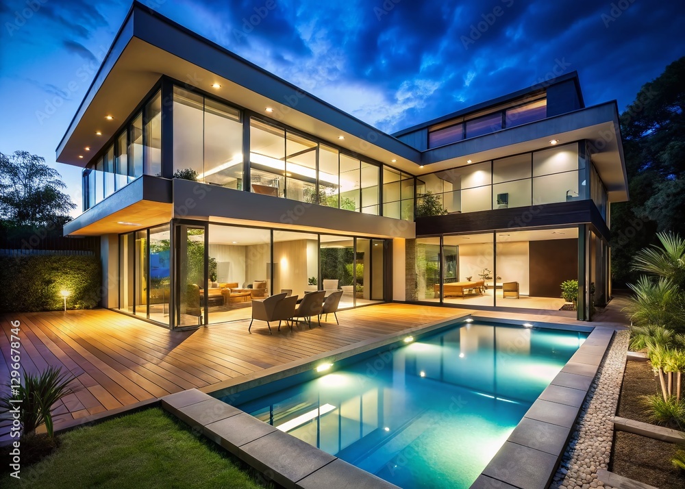 Fototapeta premium Modern Luxury Home Exterior Night Long Exposure Pool Patio Glass Windows