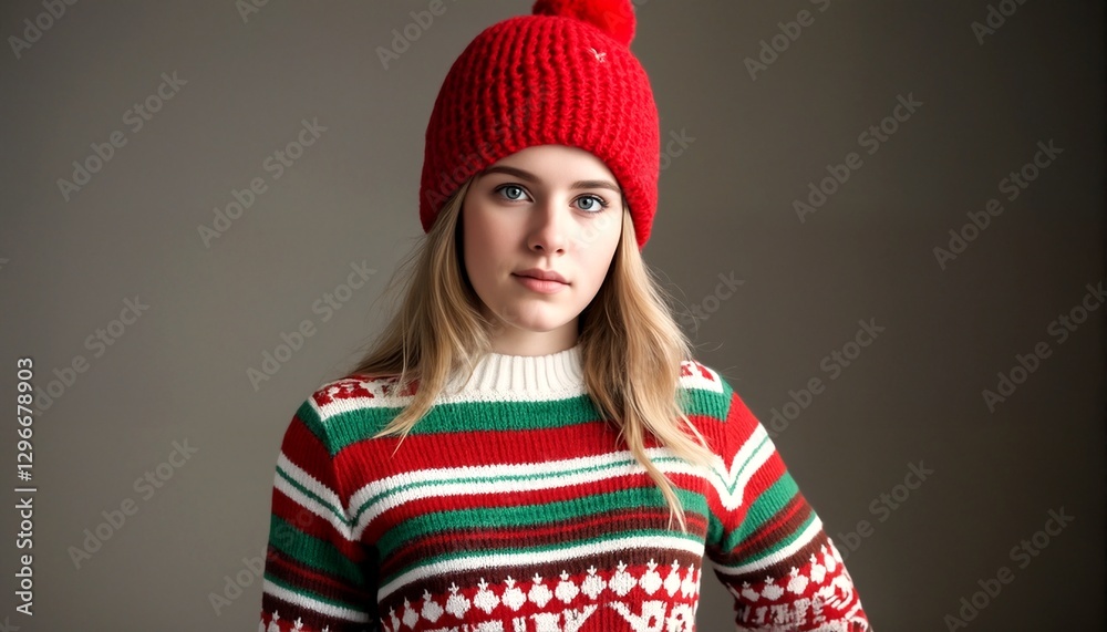 A young woman wearing a red beanie and a festive Christmas sweater poses against a gray background. A young woman wearing a red beanie and a festive Christmas sweater poses against a gray background.