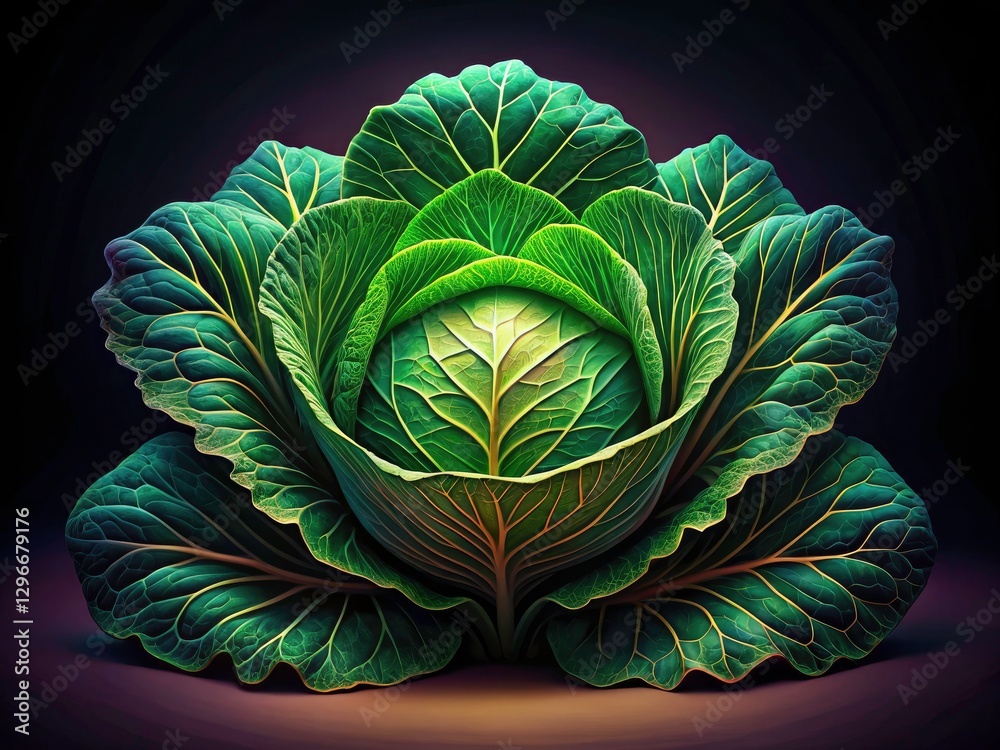 Obraz premium Line Art Cabbage, Low Light Vegetable Illustration, Dark Green Leaf Drawing, Minimalist Food Art, Botanical Sketch