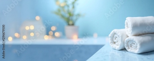 Serene Spa Scene with Rolled Towels and Soft Blue Walls