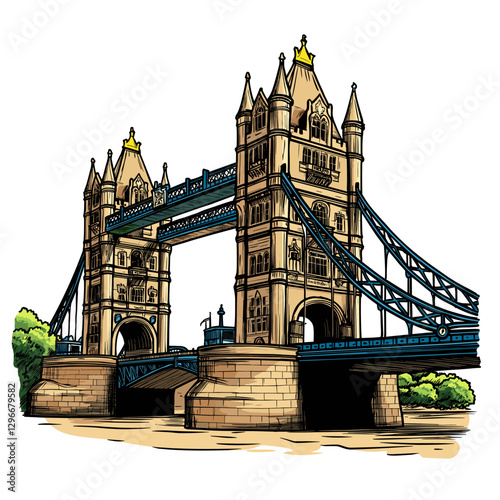 Vector comic hand-drawn illustration of Tower Brigde. Tower Brigde in London