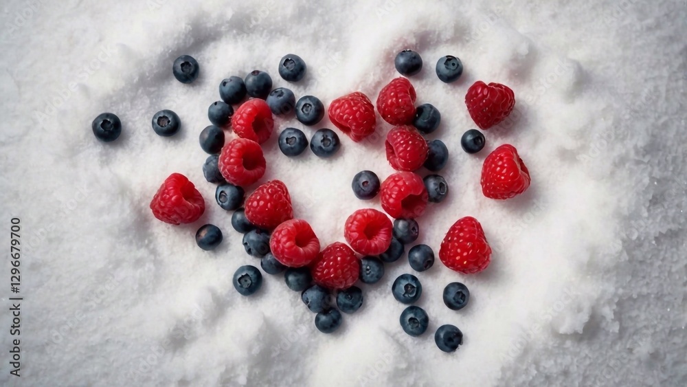 Raspberries, blueberries, and strawberries arranged in a heart shape on snowy ground. Perfect for seasonal concepts Raspberries, blueberries, and strawberries arranged in a heart shape on snowy ground. Perfect for seasonal concepts