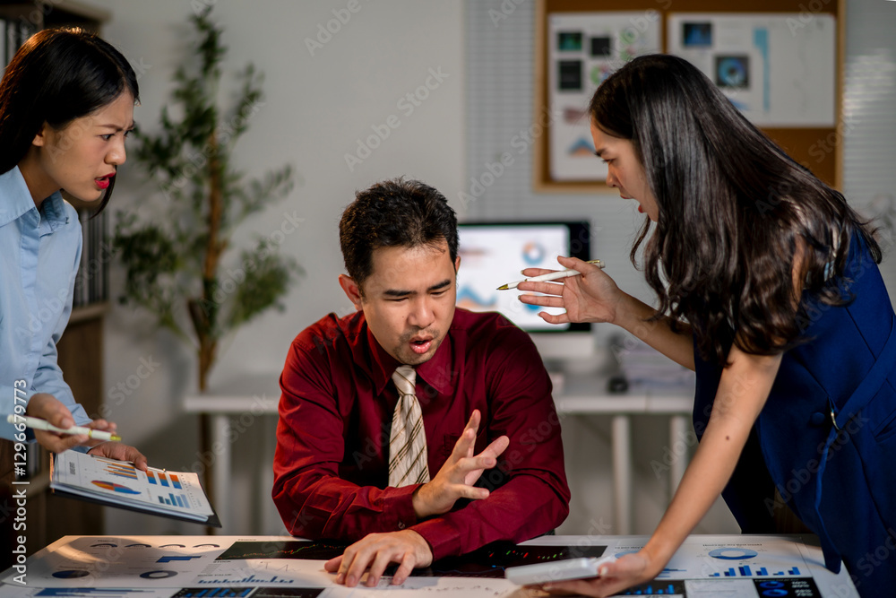 Fototapeta premium Three people are arguing in a room with a lot of papers on the table