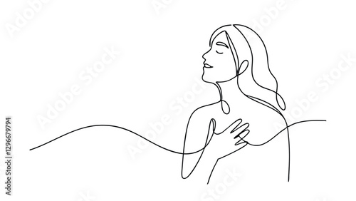 A minimalist oneline drawing depicts a serene woman, eyes closed, hand on chest, suggesting peace, contentment, and relaxation. The single continuous line creates a sense of calm and fluidity.