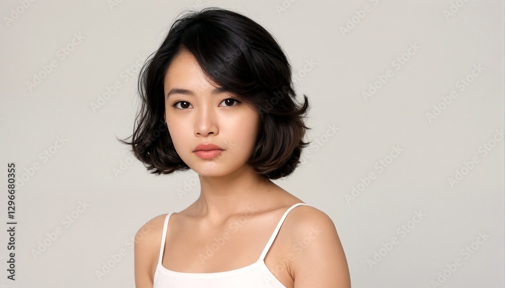 Portrait of young Asian woman with short black hair wearing white tank top. Portrait of young Asian woman with short black hair wearing white tank top.