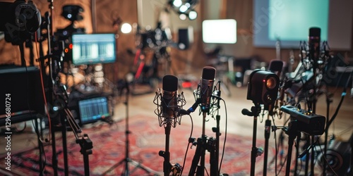 A behind-the-scenes view of a podcast being recorded with multiple microphones and cameras