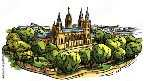 Vector comic hand-drawn illustration of Westminster Abbey. Westminster Abbey in London
