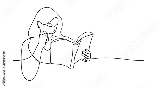 Woman Reading Book, One Line Drawing, Minimalist Art, Engrossed, Focused, Study, Learning, Knowledge