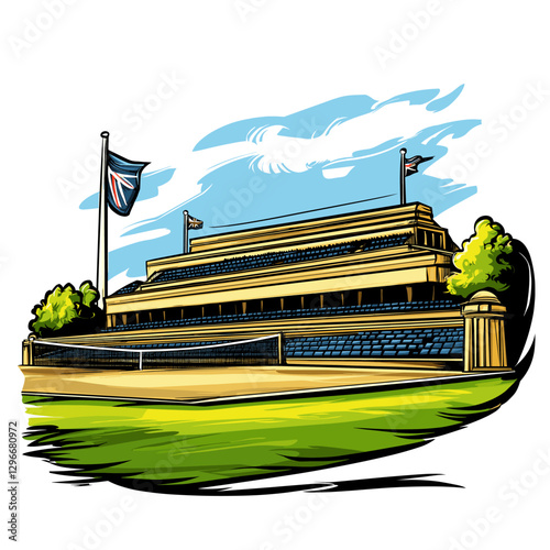 Vector comic hand-drawn illustration of Wimbledon Tennis Complex. Wimbledon Tennis Complex in London