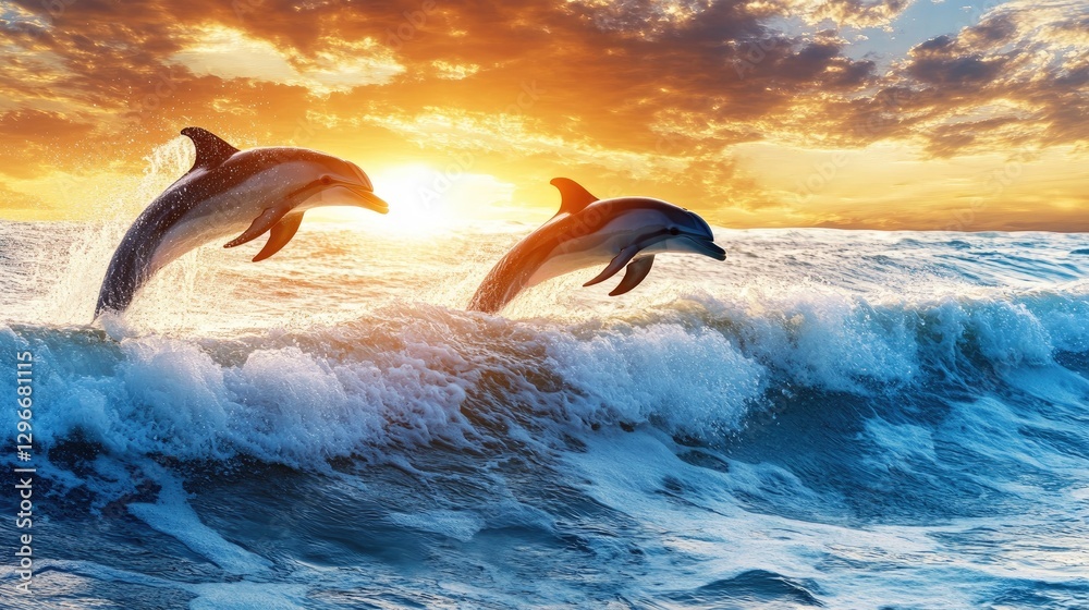 Fototapeta premium A panoramic shot of dolphins playing in the ocean surf at sunset
