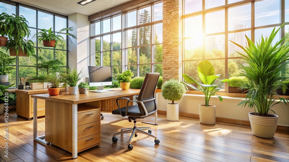 Fototapeta premium Modern Office Design with Natural Elements: Plants, Wood, and Sunlight