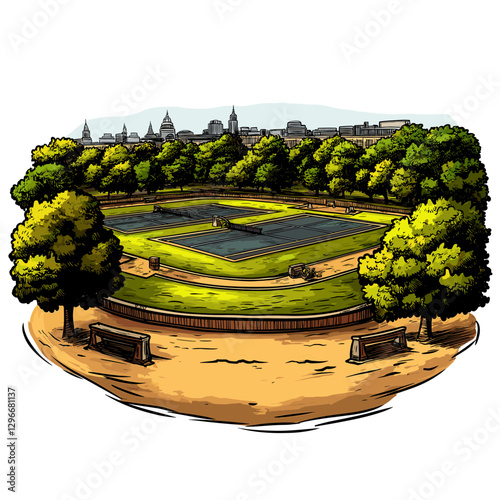 Vector comic hand-drawn illustration of Wimbledon Tennis Complex. Wimbledon Tennis Complex in London
