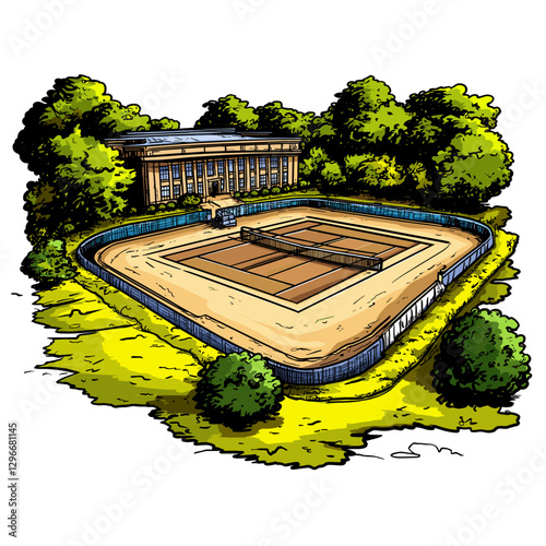 Vector comic hand-drawn illustration of Wimbledon Tennis Complex. Wimbledon Tennis Complex in London