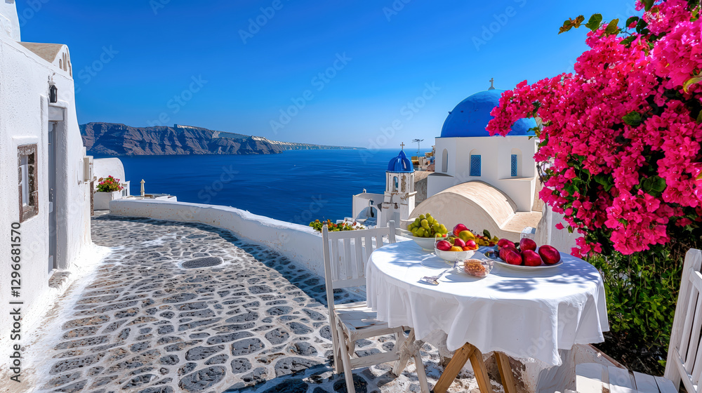Fototapeta premium Scenic view of Greece Islands, featuring whitewashed buildings, blue-domed churches, vibrant flowers, and breathtaking sea views under a clear blue sky