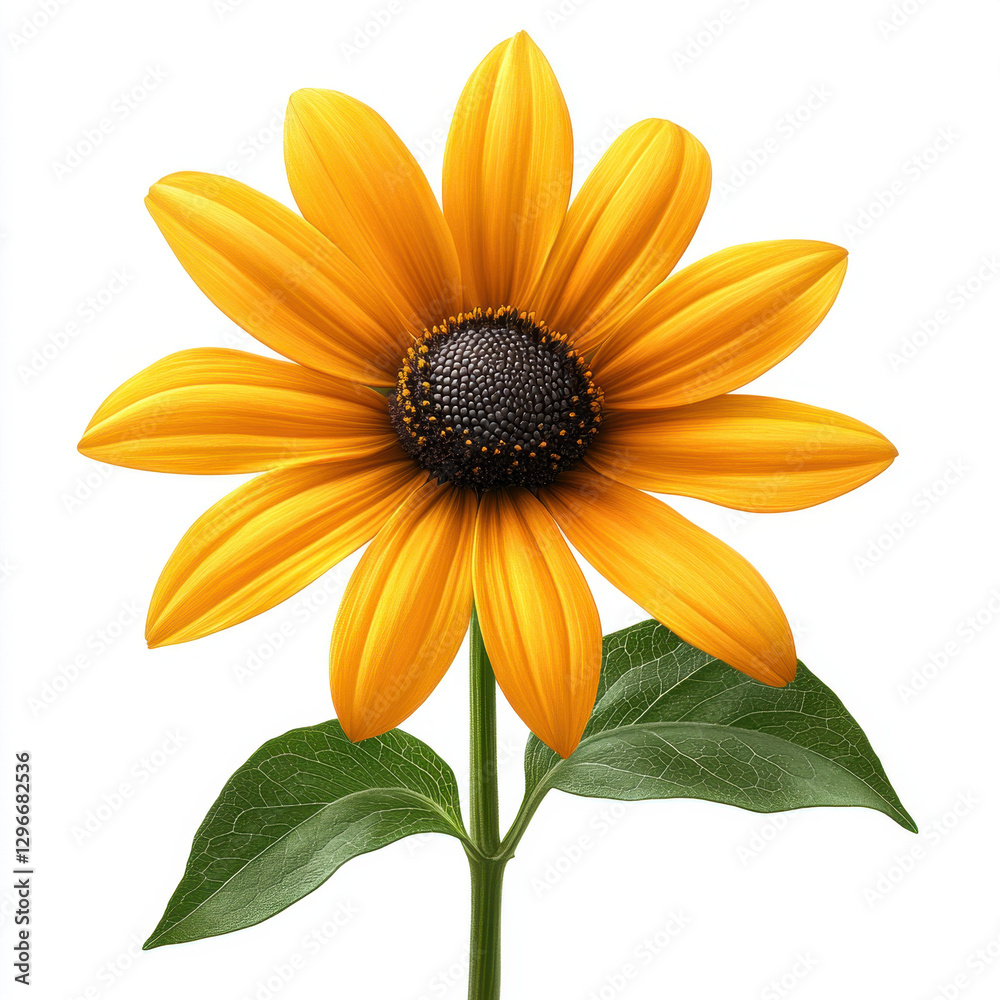 Obraz premium Closeup of a Vibrant Yellow Flower with Dark Center and Green Leaves on White Background