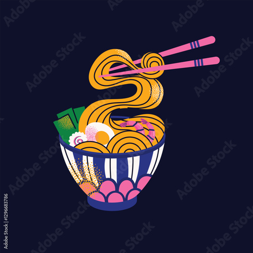 Japanese food set with sushi, ramen, dumplings, shrimp, fish, and chopsticks on dark background. Vector illustration isolated. Asian cuisine and traditional Japanese dishes concept