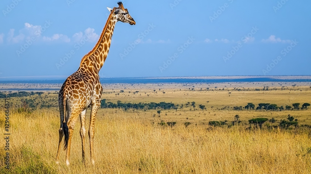 Obraz premium A tall giraffe looking out over a distant horizon with rolling fields of grass