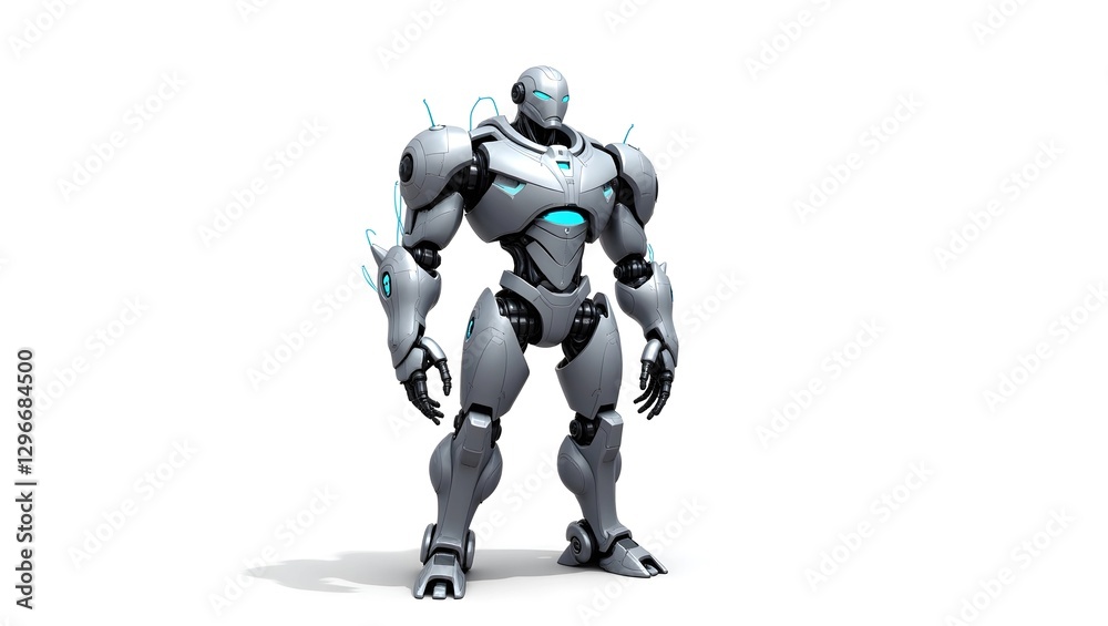 A robot stands confidently against a clean white background, showcasing its sleek design and modern features. A robot stands confidently against a clean white background, showcasing its sleek design and modern features.