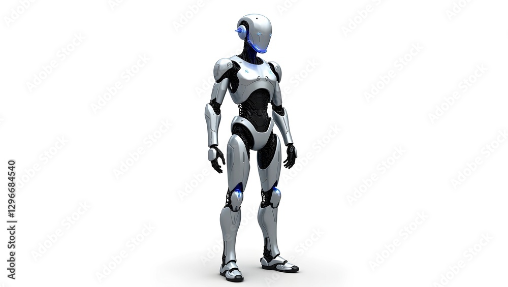 A robot stands confidently against a clean white background, showcasing its sleek design and modern features. A robot stands confidently against a clean white background, showcasing its sleek design and modern features.